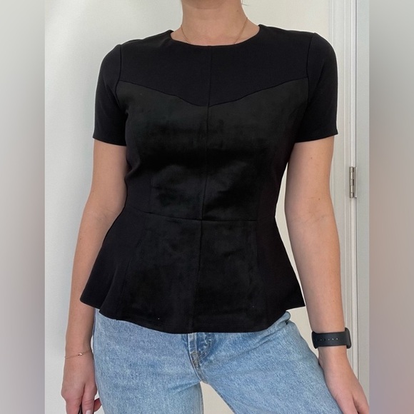 BCBGMaxAzria Black Faux Suede Leather Denna Peplum Top $118 XXS 0 2 - Picture 3 of 9
